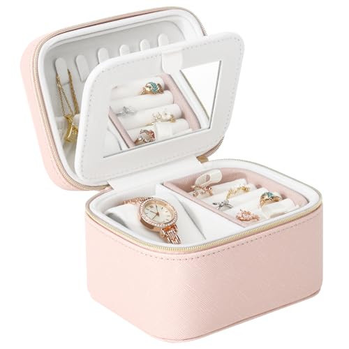 DesignSter Travel Jewelry Case,Small Jewelry Box with Mirror,Leather Material Travel Jewelry Case Organizer, Portable Jewelry Organizer with Zipper(Pink | Amazon (US)