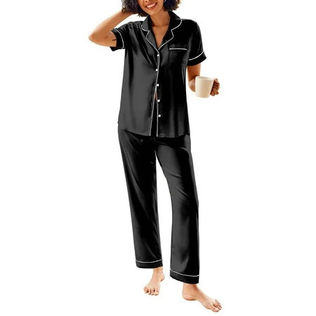 Avidlove Womens Satin Pajama Sets Silky Sleepwear Short Sleeve Button Down Shirts and Long Pant Loungewear 2 Piece Pjs Set | Walmart (US)
