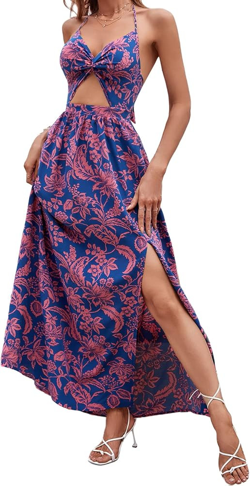 SheIn Women's Tropical Print Backless Cut Out Split Maxi Dress Twist Front Halter Neck Sleeveless Su | Amazon (US)