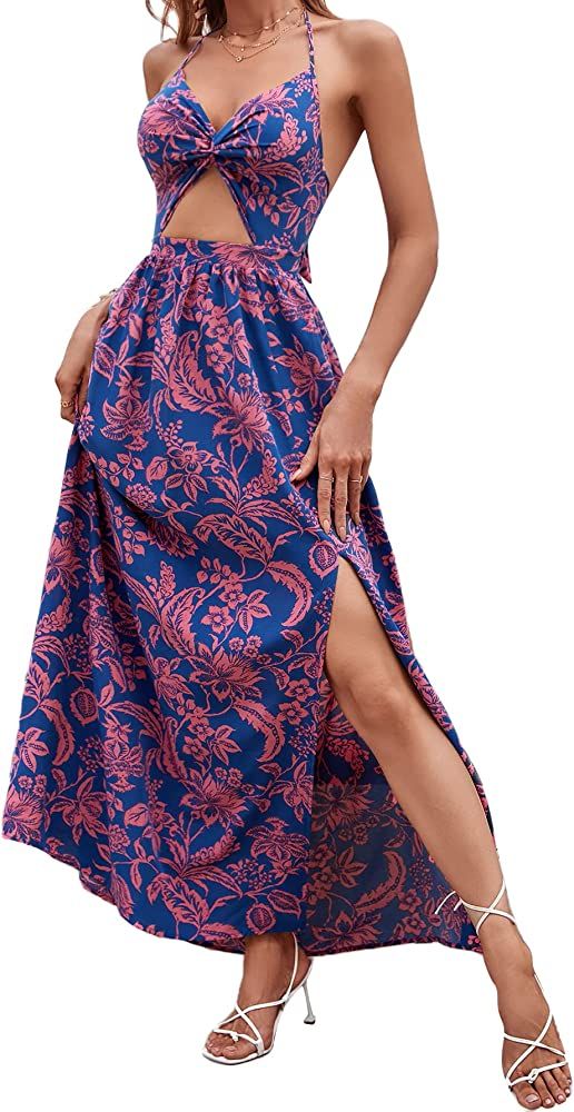 SheIn Women's Tropical Print Backless Cut Out Split Maxi Dress Twist Front Halter Neck Sleeveless Su | Amazon (US)