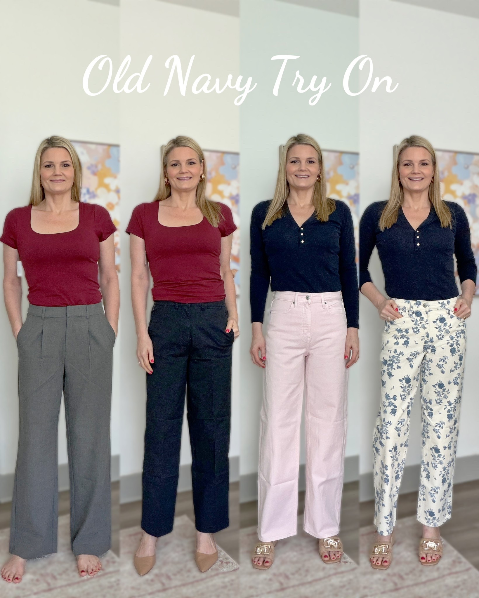 New in from Old Navy!

Sizing details:
I’m 5’9” and a size 4 or 6 at Old Navy.
Double layer scoop neck short sleeve top: size medium (sized up one).
Gray Taylor wide leg trousers: size small.
Navy high rise Chino pants: size small.
Pink high rise wide leg jean: size 4.
Floral print loose jeans: size 4