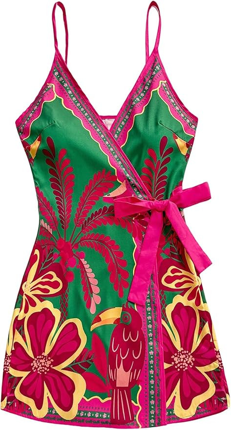 SOLY HUX Women's Tropical Print Mini Dress Summer Wrap V Neck Bow Tie Vacation Dresses | Amazon (US)