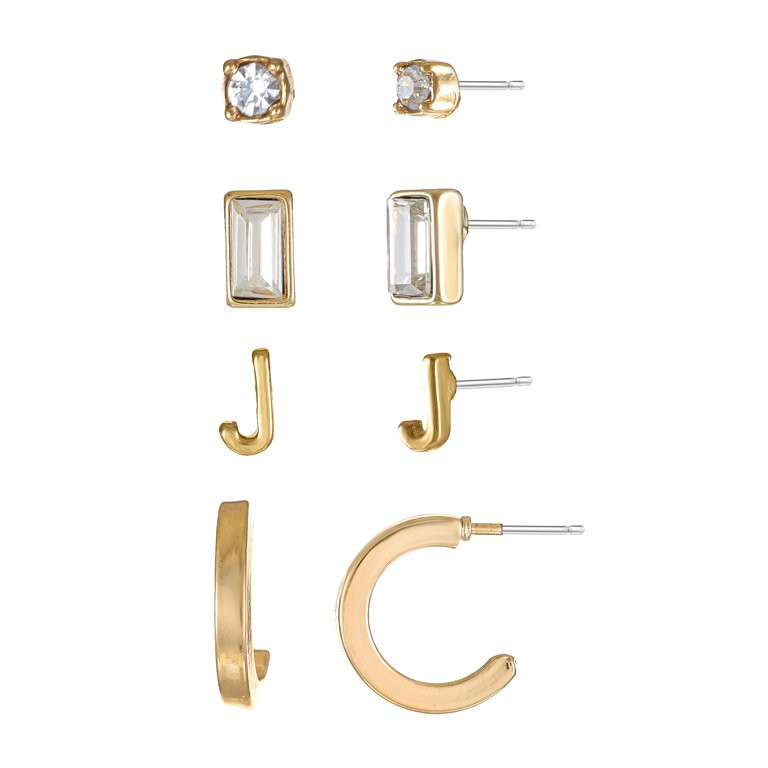 Time and Tru Goldtone Initial Letter Earring Set, 4 pairs, Letter J | Walmart (US)