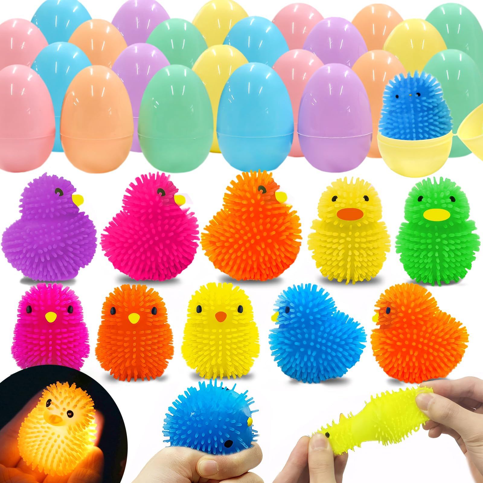 24 Pack Easter Eggs Filled Chick LED Puffer Balls,Light Up Toys Stuffers Stress Relief LED Ball f... | Amazon (US)