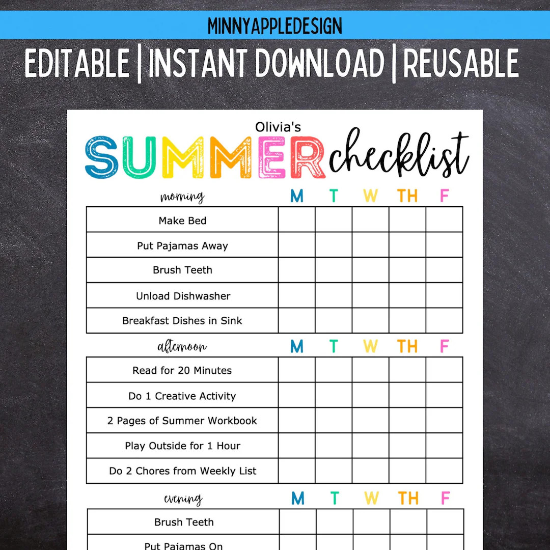 Printable Editable SUMMER Daily Checklist for Kids Chore Chart for Kids Summer Rules Summer Routi... | Etsy (US)