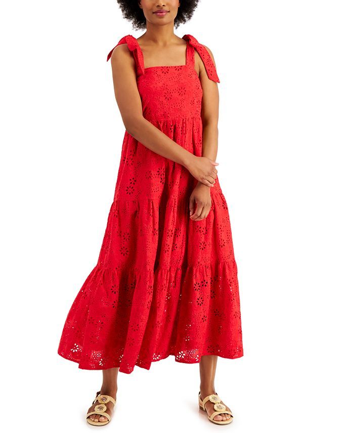 Tie-Sleeve Cotton Eyelet Midi Dress, Created for Macy's | Macys (US)