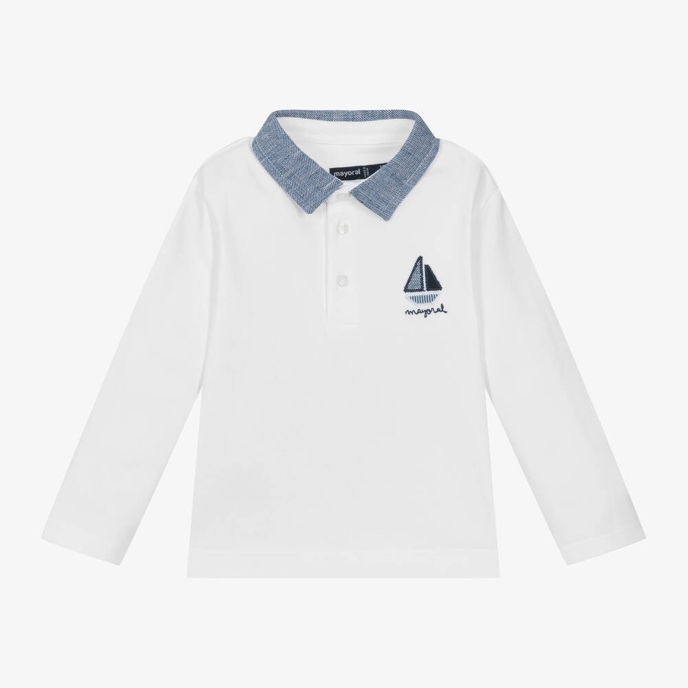 Boys White Cotton Piqué Polo Shirt | Childrensalon