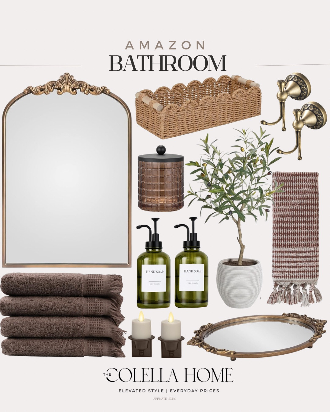 Bathroom refresh includes bath towels, mirror, canisters, soap dispensers, rattan storage basket, hooks, faux plant, tray, and hand towel.

Home decor, bathroom decor, looks for less, neutral bathroomm

#LTKHome #LTKSeasonal #LTKSaleAlert