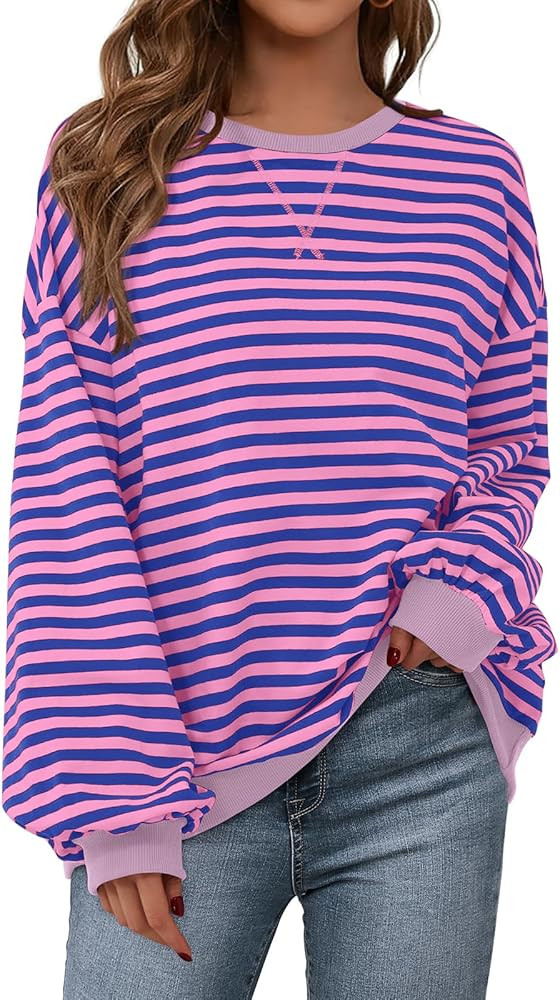 PRETTYGARDEN Womens Striped Oversized Sweatshirt Color Block Crew Neck Long Sleeve Casual Loose P... | Amazon (US)