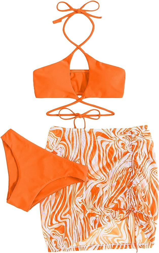 GORGLITTER Women's 3 Piece Swimsuit Criss Cross Tie Back Halter Bikini Set with Allover Print Dra... | Amazon (US)