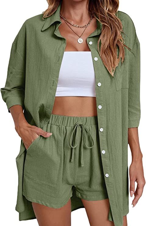 SheIn Women's Two Piece Button Down 3/4 Sleeve High Low Shirt Blouse and Shorts Set | Amazon (US)