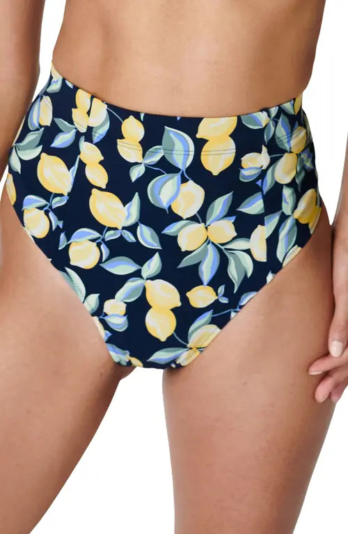 Sweaty Betty Brook High Waist Bikini Bottoms in Blue Lemon Tree Print at Nordstrom, Size X-Large | Nordstrom