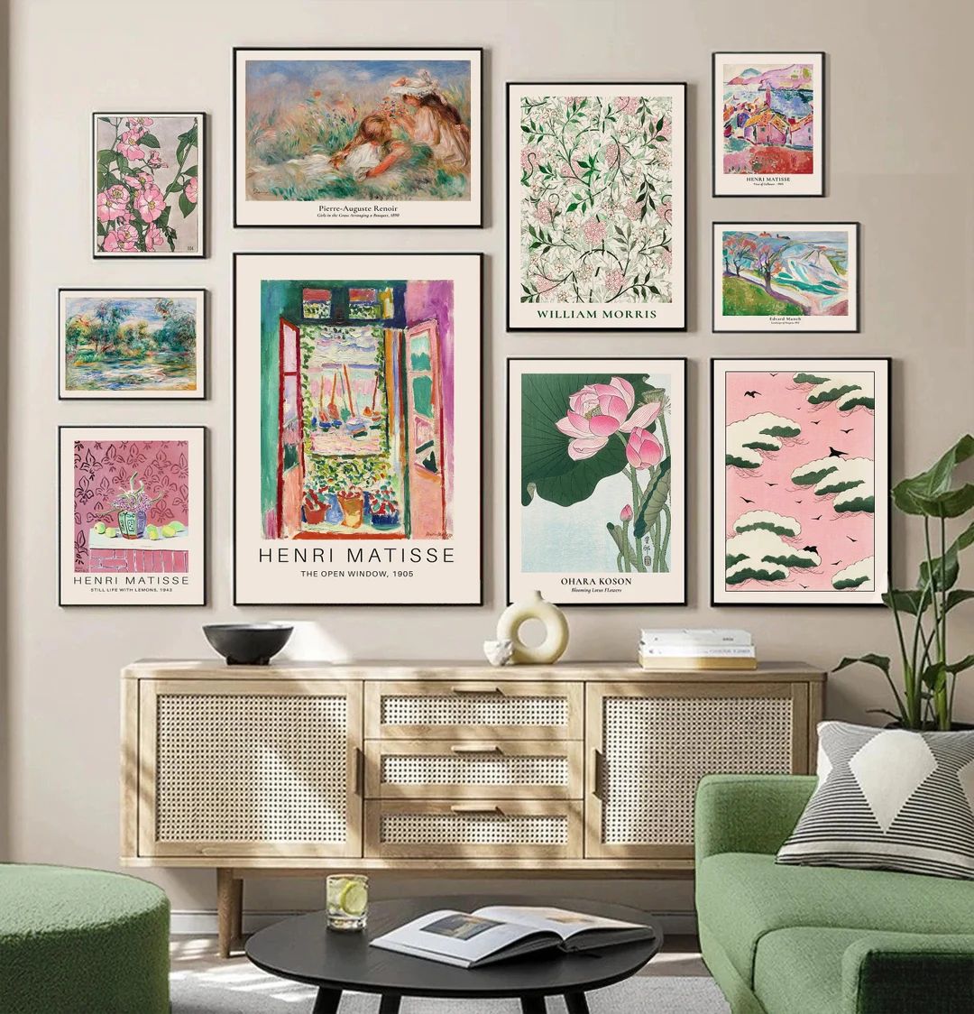 Eclectic Gallery Wall Set Green Pink Wall Art Prints - Etsy | Etsy (US)