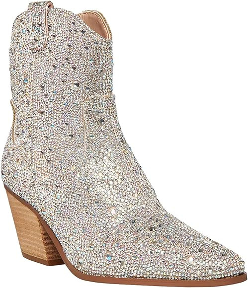 Women's Rhinestone Boots Western Mid Calf Pointed Toe Fashion Cowgirl Boots 5cm Chunky Stacked He... | Amazon (US)