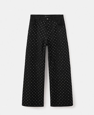 Mango Women's Wide Leg Rhinestone Jeans - Macy's | Macy's