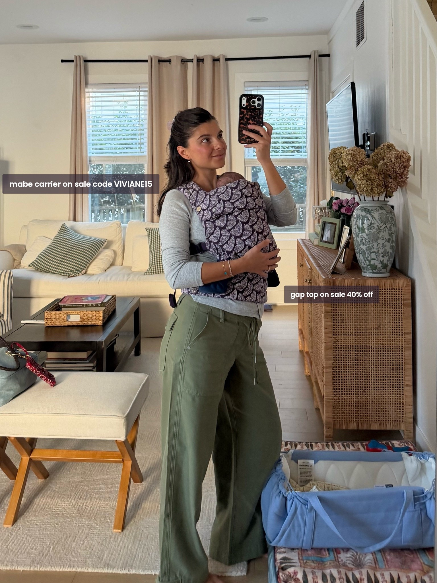 [10/13/26] outfit and baby carrier details 🦋 top is on sale at gap for 40% off + 100% cotton. @mabeproducts carrier on sale for under $100 with code VIVIANE15