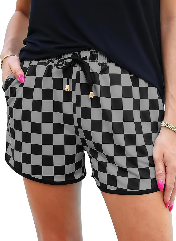 IWOLLENCE Women's Checkered Shorts Elastic Waist with Drawstring Plaid Short Pants Beach Summer w... | Amazon (US)