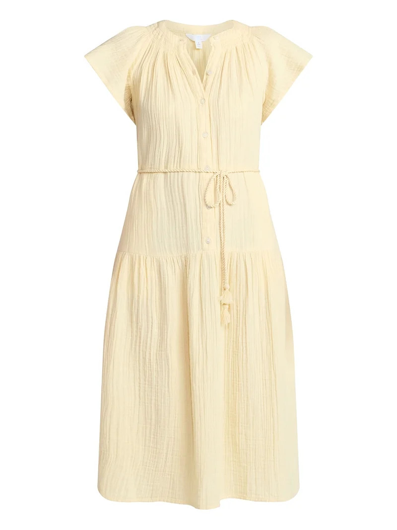 Time and Tru Women's Cotton Double Cloth Midi Dress with Short Flutter Sleeves, Sizes XS-XXXL | Walmart (US)