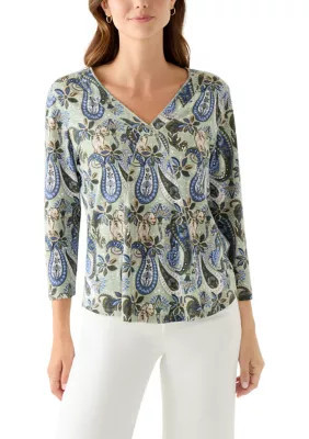 Wonderly Women's 3/4 Sleeve Paisley Printed Top, Green, Medium | Belk
