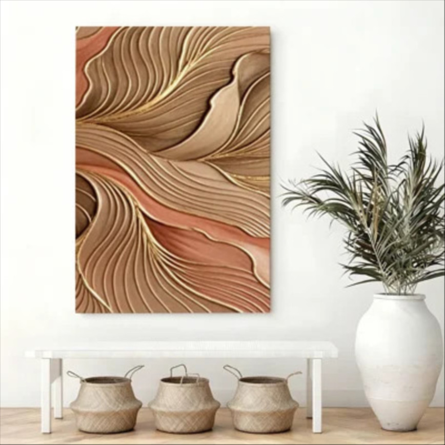 Abstract gold leaf wave canvas wall art in earth tones