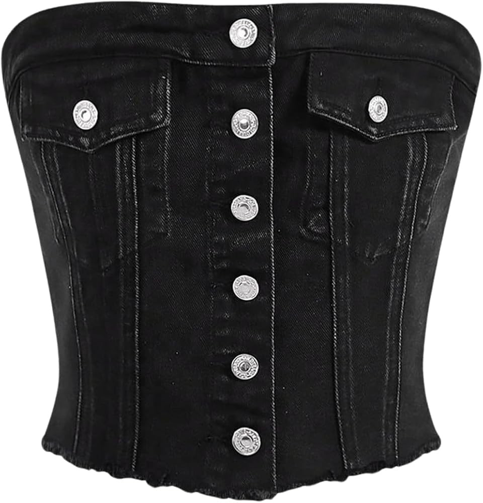 GORGLITTER Women's Denim Corset Top Y2K Strapless Button Up Crop Tube Top | Amazon (US)