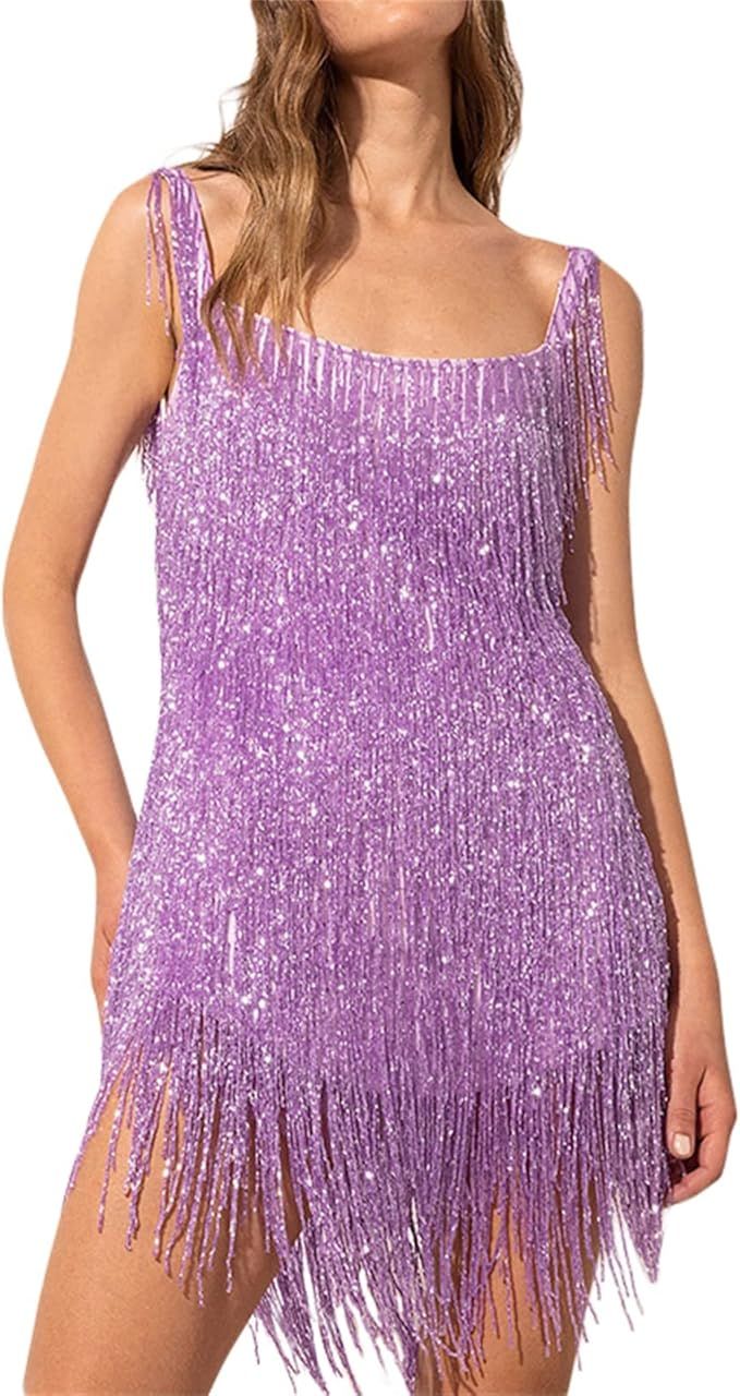 Aopwsrlyi Women Sparkly Fringe Dress Spaghetti Strap Deep V Neck Backless Sequin Mini Dress Cockt... | Amazon (US)