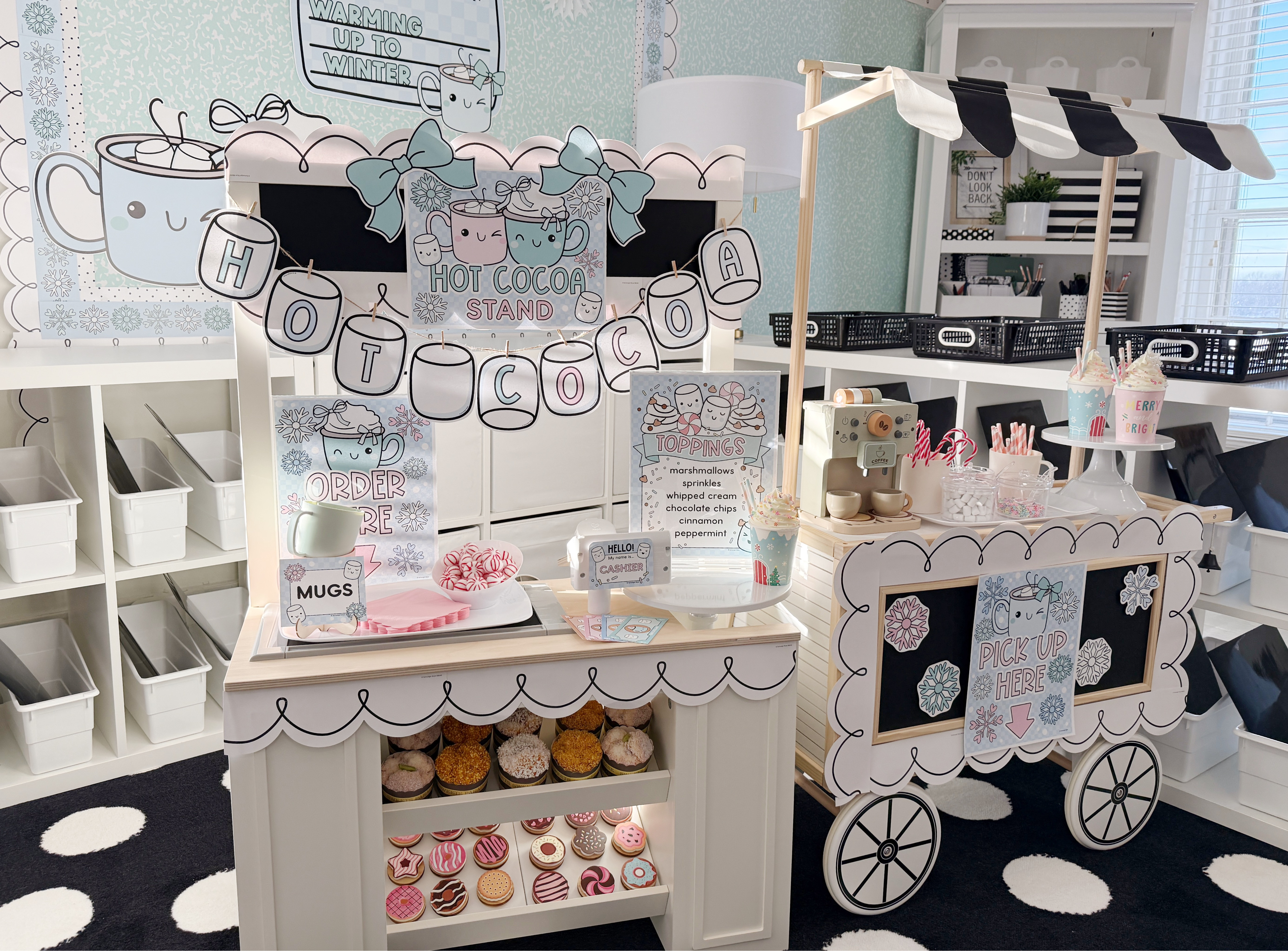 Cozy dramatic play setup for homeschool and early learning ☕❄️ This hot cocoa stand dramatic play center encourages imaginative play, language development, and hands-on learning for preschool and kindergarten. 

 #LTKmomlife #LTKSeasonal #LTKHome