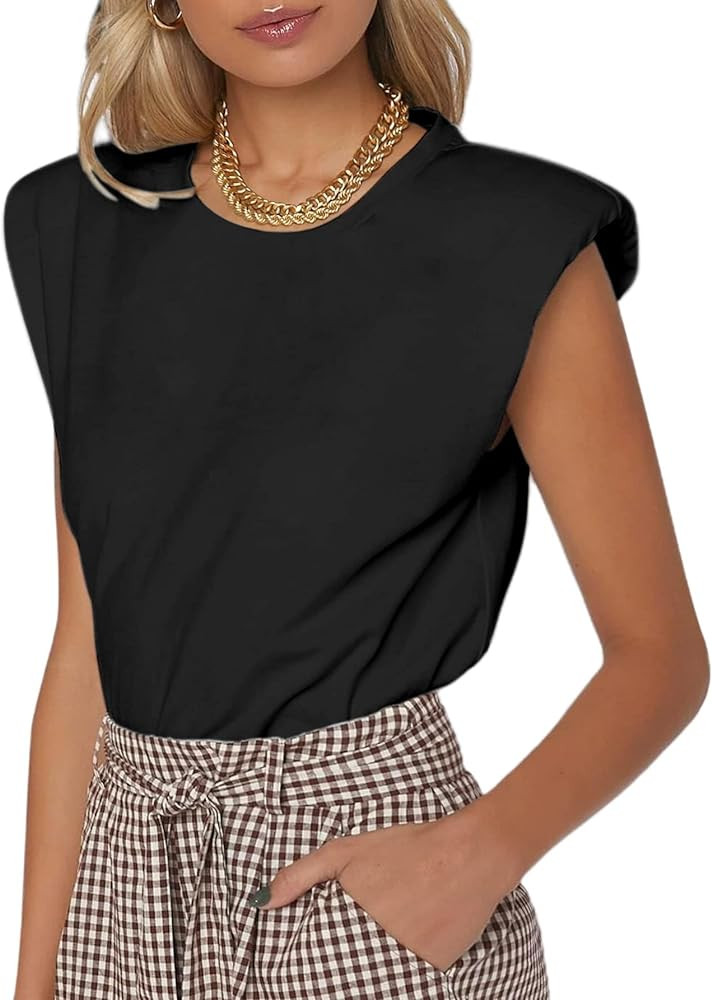 SOFIA'S CHOICE Women's Shoulder Pad Tops Summer Casual Tank Top Round Neck Loose Sleeveless Shirt | Amazon (US)