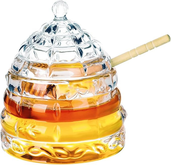 Bee-hive Glass Honey Jars with Dipper and Lid 10 oz. Crystal Clear Heavy Glass Honey Pot Honey Co... | Amazon (US)
