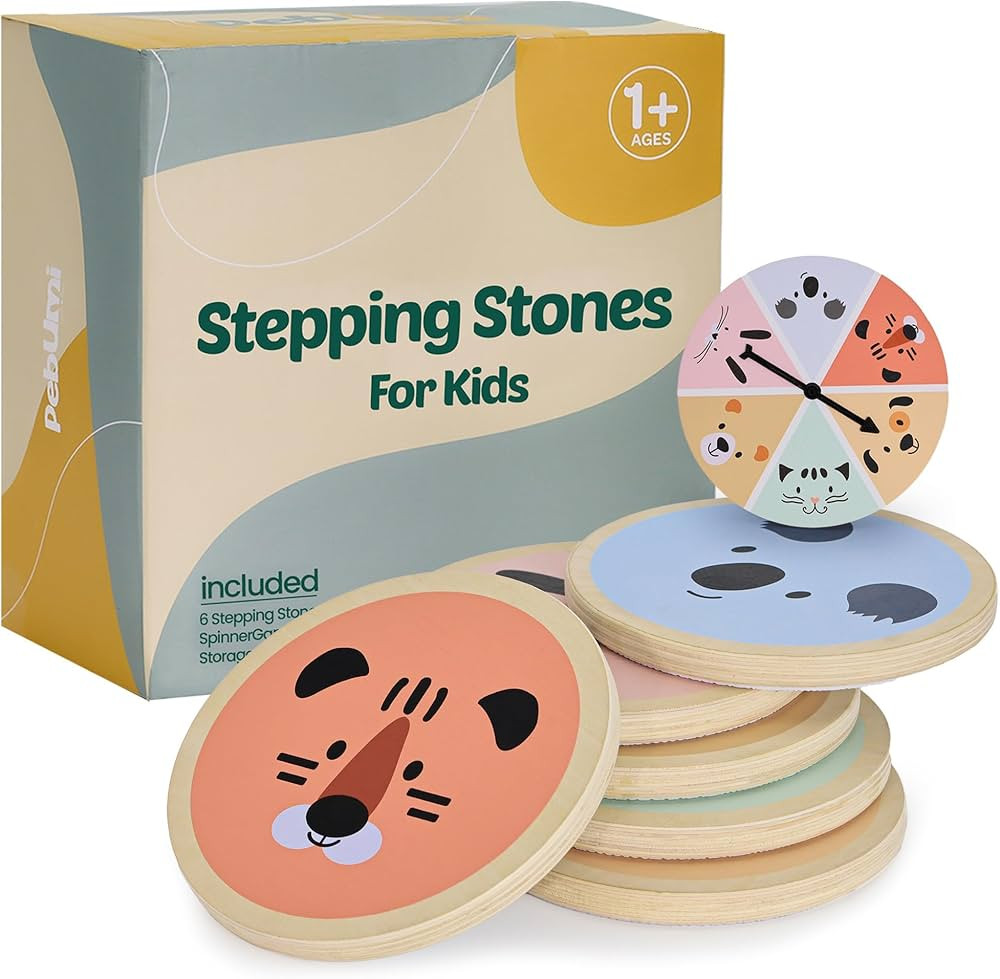 PEBUMI Wooden Stepping Stones for Kids - 6 Non-Slip Stepping Stone Toy with Spinner Game & Storag... | Amazon (US)