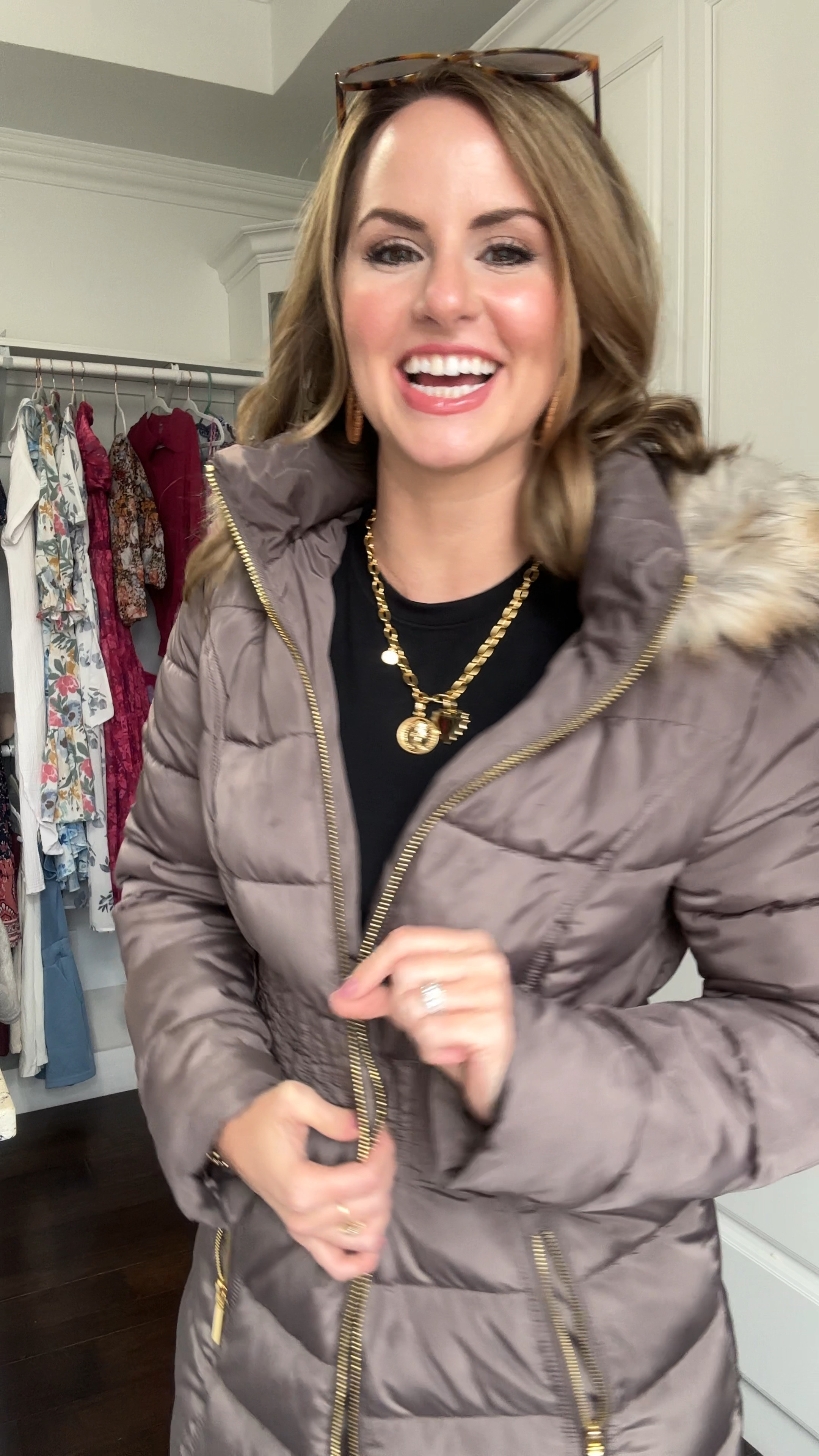 Cute elevated casual winter outfit featuring my fave winter coat! 😍 I love how it’s a super warm puffer coat but still flattering because of the waist detail. I always get so many compliments when I wear this jacket. Wearing size medium in color “taupe”. It comes in lots of other colors as well. Paired it with the skims dupe layering long sleeve tee from Amazon, my fave Walmart flare jeans & gold charm necklace. 