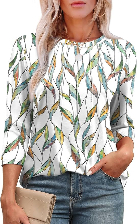 XIEERDUO 3/4 Length Sleeve Womens Tops Round Neck Casual Tunic Tops Basic Pleated Shirts Loose Fi... | Amazon (US)