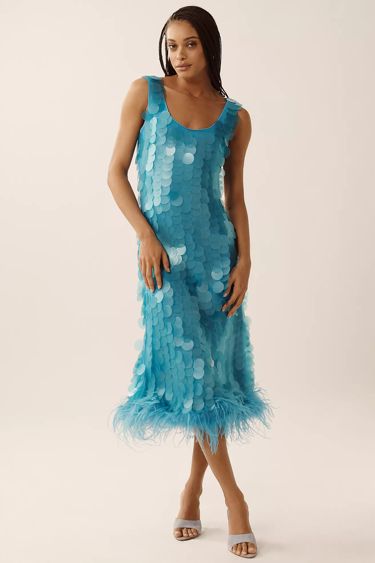 Hutch Sleeveless Scoop-Neck Sequin Feather-Trim Midi Dress | Anthropologie (US)
