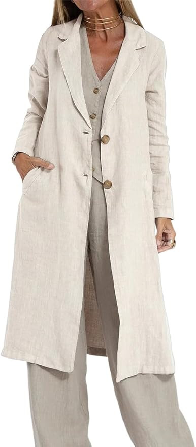 IDEALSANXUN Womens Long Linen Blazer Jackets Casual Lightweight Trench Coat | Amazon (US)