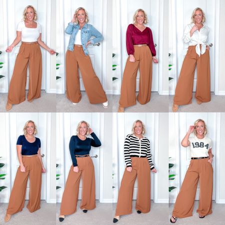 Trouser pants - size small. Elastic waistband in the back, lightweight, flowy and comfortable.
1. White bodysuit - size medium, but need a small.
2. Jean jacket - size small. 
3. Satin top - size small (almost all sold out). 
4. Satin button down - size medium.
5. Navy tee - old & not available.
6. Black bodysuit - similar one linked. 
7. Striped cardigan - size medium.
8. Graphic tee - size medium (can change the year!)

#LTKSeasonal #LTKworkwear #LTKfindsunder50