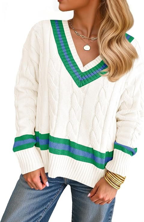 Saodimallsu Womens V Neck Cable Knit Sweaters Long Sleeve Color Block Preppy Sweater Fall Loose C... | Amazon (US)