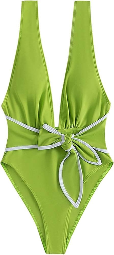 Hilinker Women's Sexy Deep V Neck One Piece Swimsuit Tie Knot Tummy Control Bathing Suit Orange | Amazon (US)