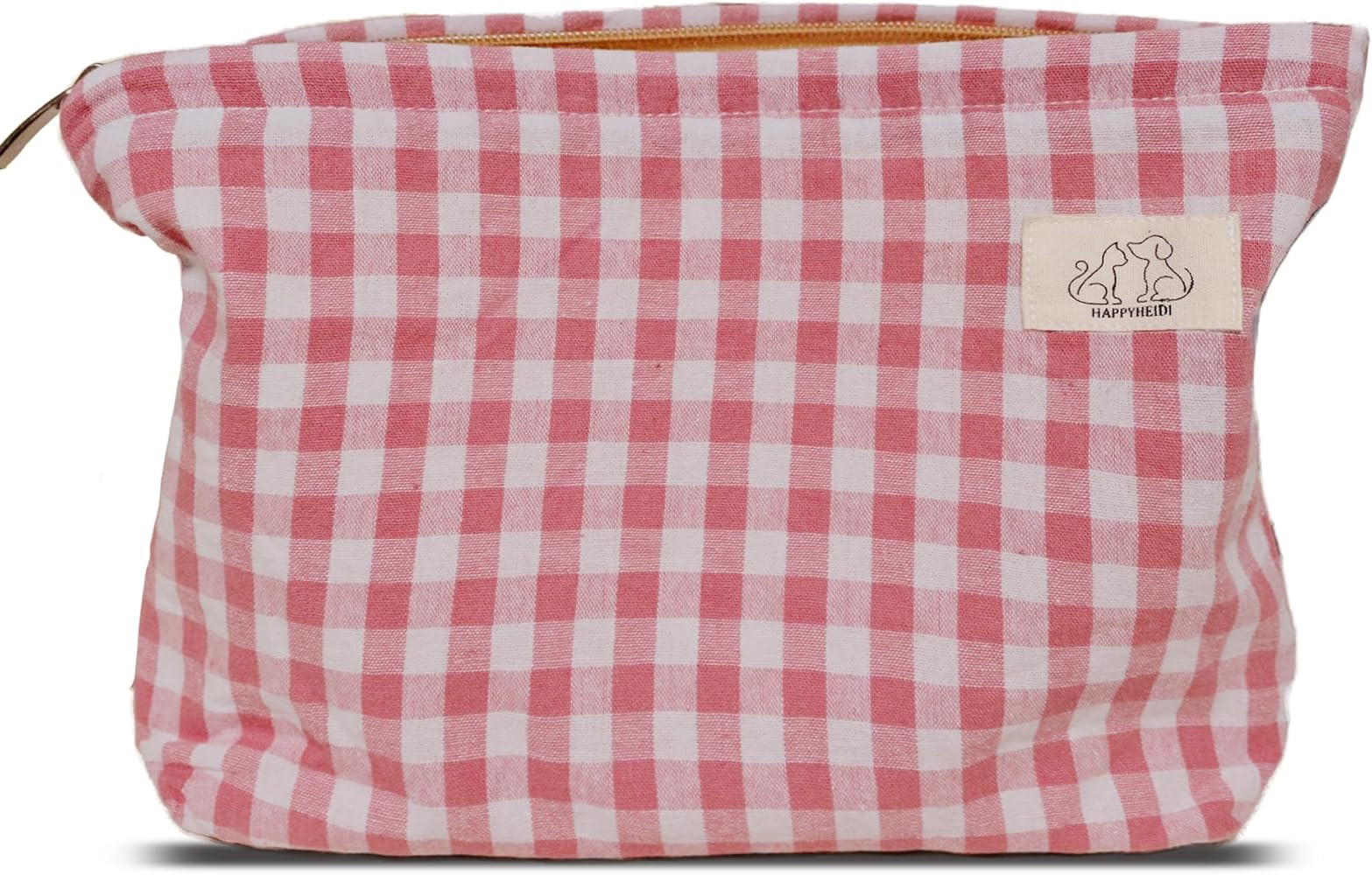 Pink Gingham Cotton Makeup Bag Cosmetic Travel Pouch with Bottom, Make Up Purse Organizer, Zipper... | Amazon (US)