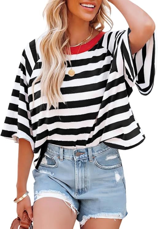 Dokotoo Tops for Women Striped T Shirts Color Block 2026 Summer Basic Tee | Amazon (US)