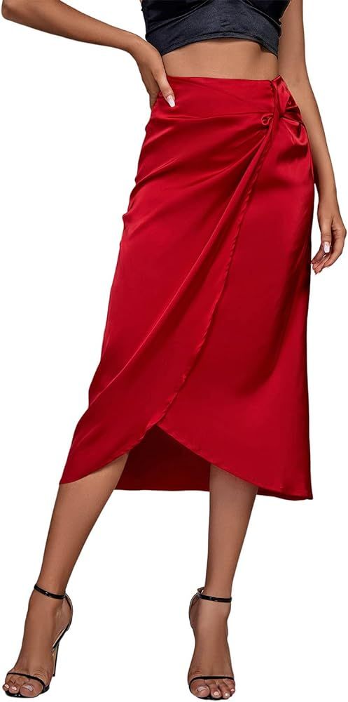 Vrtige Women's Satin High Waist Twist Wrap Split Slit Hem Bodycon Midi Skirt | Amazon (US)