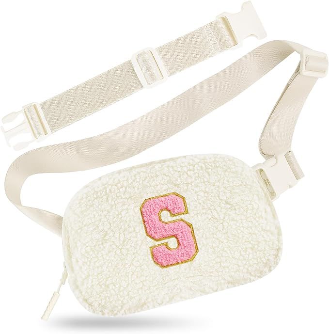 Fleece Small Waist Varsity Fanny Pack Sherpa Belt Bag with Initial Chenille Letter Patch and Exte... | Amazon (US)