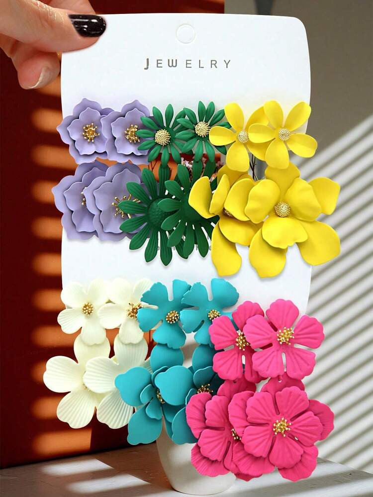 6 Pairs Colorful Flower Pendant Earrings, Suitable For Daily Wear | SHEIN