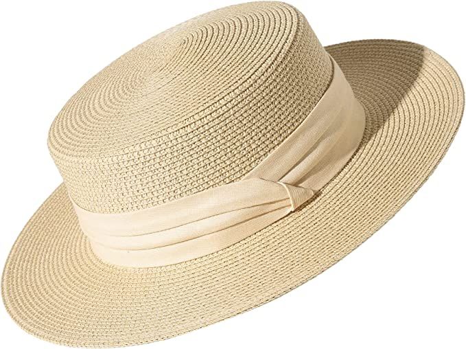 Lanzom Sun Hats for Women Wide Brim Straw Boater Hat Foldable Packable Beach Hat for Summer | Amazon (US)