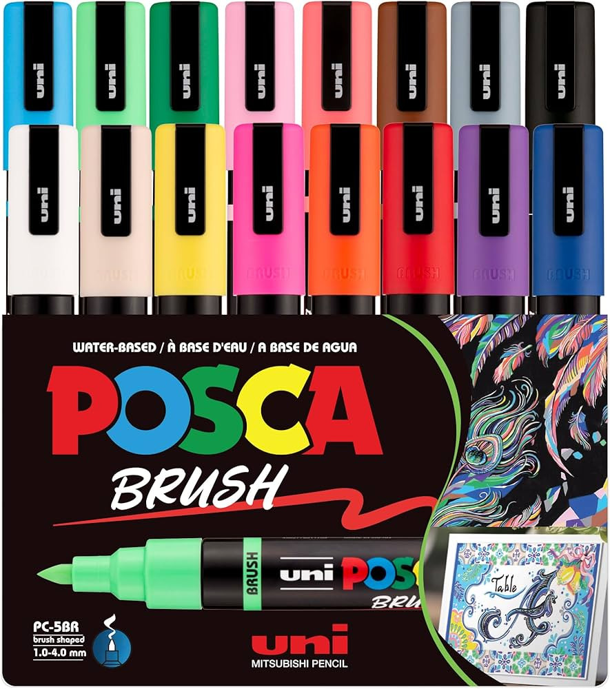 POSCA PC-5BR Water-Based Paint Markers, Reversible Brush Tip (1.0-4.0mm), Assorted Colors, 16 pac... | Amazon (US)