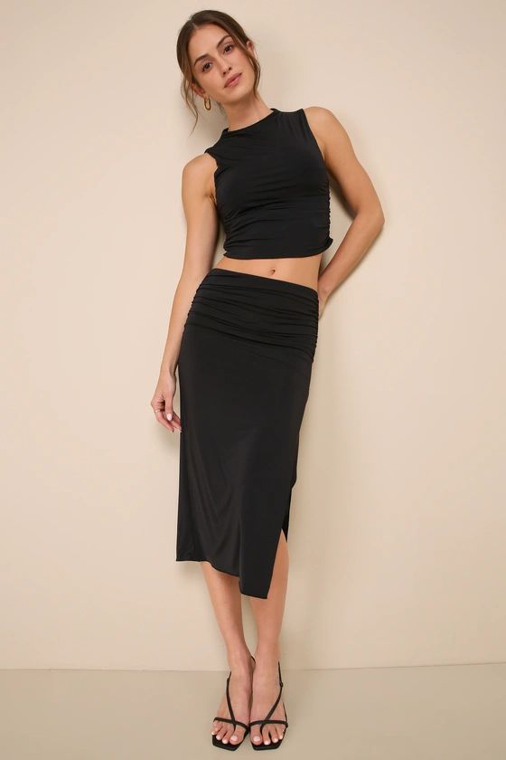 Black Slinky Knit Ruched Two-Piece Midi Dress | Black Midi Dress | Black Summer Dress | Lulus