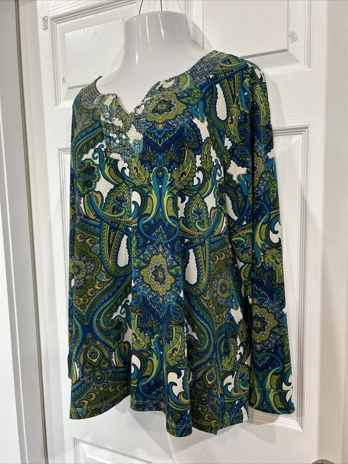 Lane Bryant 14/16 Blue Green Paisley Print Stretch Tunic Blouse Sequin Neckline | eBay US