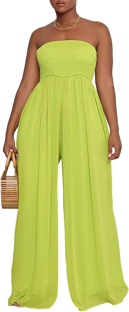 ECDAHICC Women's Strapless Tube Top Rompers Casual Off Shoulder Solid Color Belted Wide Leg Jumps... | Amazon (US)