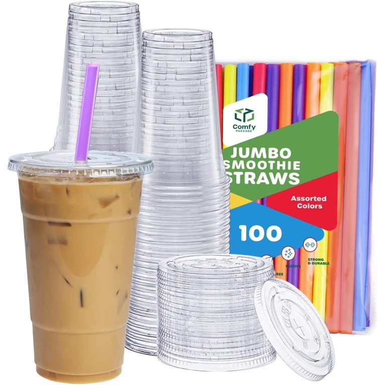 Comfy Package 24 Oz Clear Plastic Cups with Flat Lids & Straws for Coffee, Slushie, Milkshakes, 1... | Walmart (US)