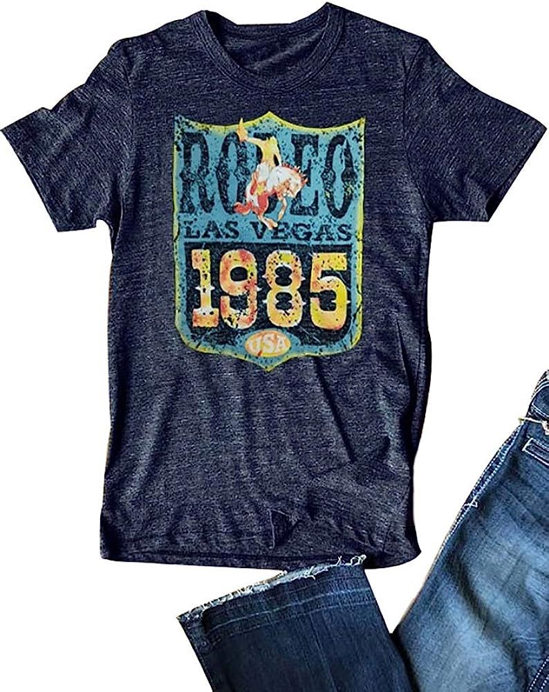 Anbech 80s Rodeo T-Shirt Women Short Sleeve Classic Retro Female Casual Tee Tops | Amazon (US)