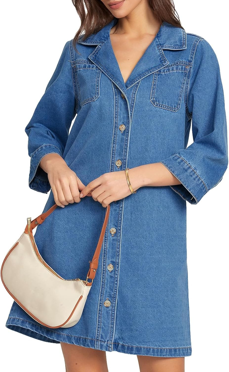 Kedera Womens Denim Shirt Dress 3/4 Sleeve Button Down A Line Casual Summer Chambray Dresses with Pockets | Amazon (US)